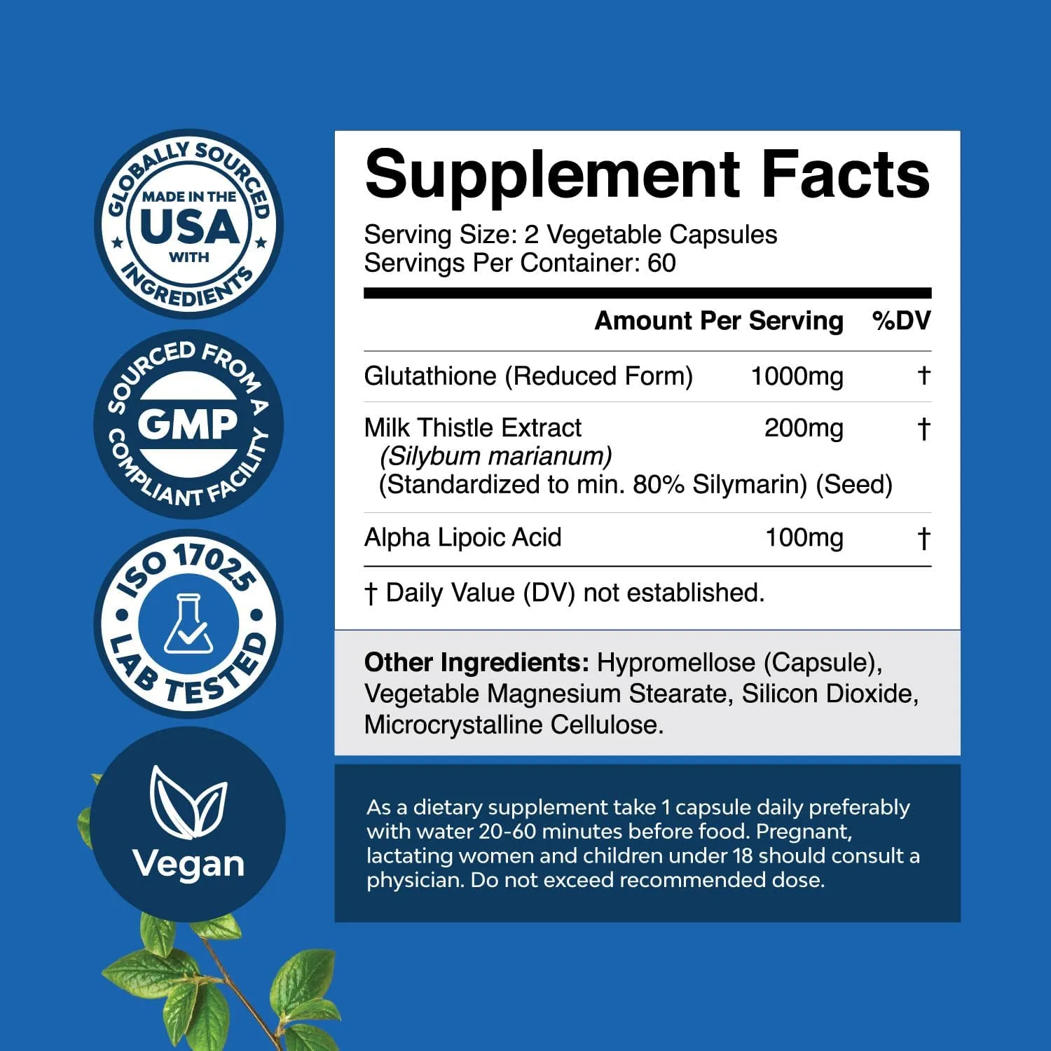 Reduced Glutathione Supplement with Milk Thistle - 1000mg Per Serving Plus Alpha Lipoic Acid and Silymarin Milk Thistle Complex for Liver Support Skin Complexion and Immune Support (60 Servings)