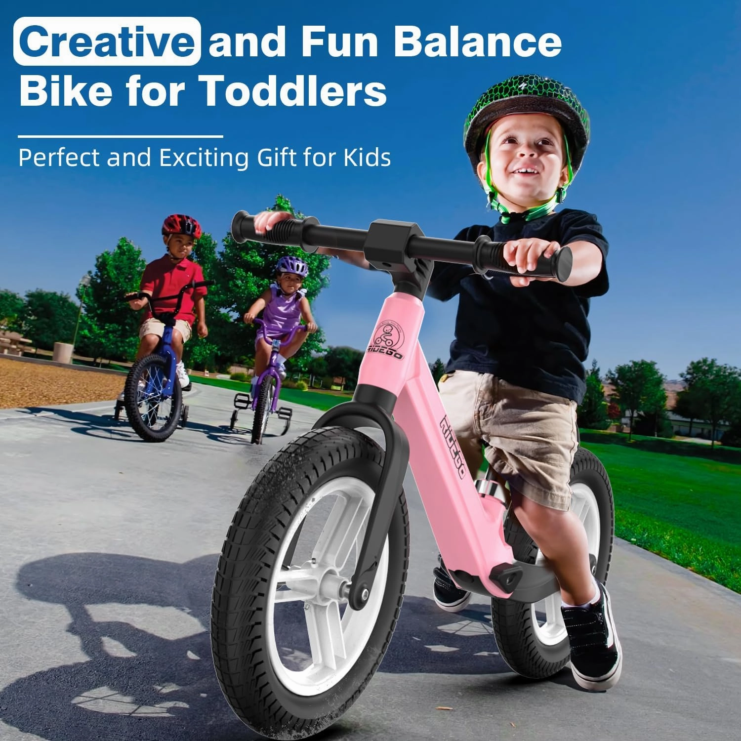 Ridego Light-Up Balance Bike 3 Year Old,Lightweight 12Inch Toddler Bike for 2-5 Year Old Boys Girls，Push Bicycle with Inflatable Tires and Adjustable Seat, Birthday Gift,Pink