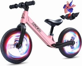 Ridego Light-Up Balance Bike 3 Year Old,Lightweight 12Inch Toddler Bike for 2-5 Year Old Boys Girls，Push Bicycle with Inflatable Tires and Adjustable Seat, Birthday Gift,Pink