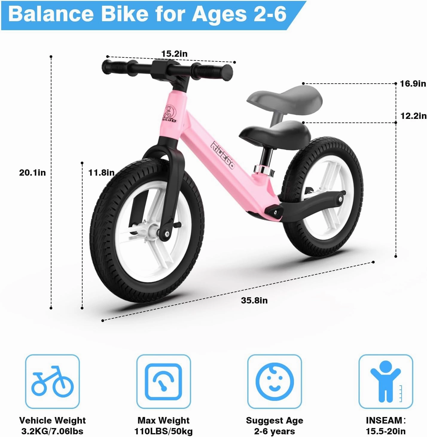 Ridego Light-Up Balance Bike 3 Year Old,Lightweight 12Inch Toddler Bike for 2-5 Year Old Boys Girls，Push Bicycle with Inflatable Tires and Adjustable Seat, Birthday Gift,Pink