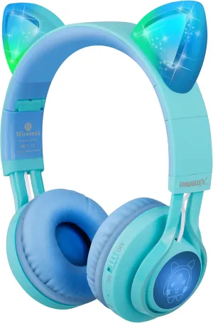 Riwbox Kids Headphones, CT-7S Cat Ear Bluetooth Headphones with LED Light, 85dB Volume Limiting, Over Ear with Microphone for Laptop/PC/TV (Blue & Green)