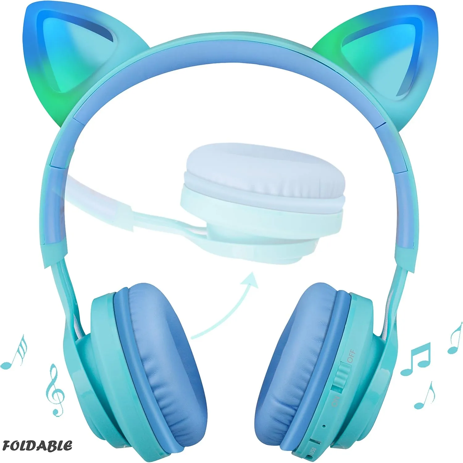Riwbox Kids Headphones, CT-7S Cat Ear Bluetooth Headphones with LED Light, 85dB Volume Limiting, Over Ear with Microphone for Laptop/PC/TV (Blue & Green)