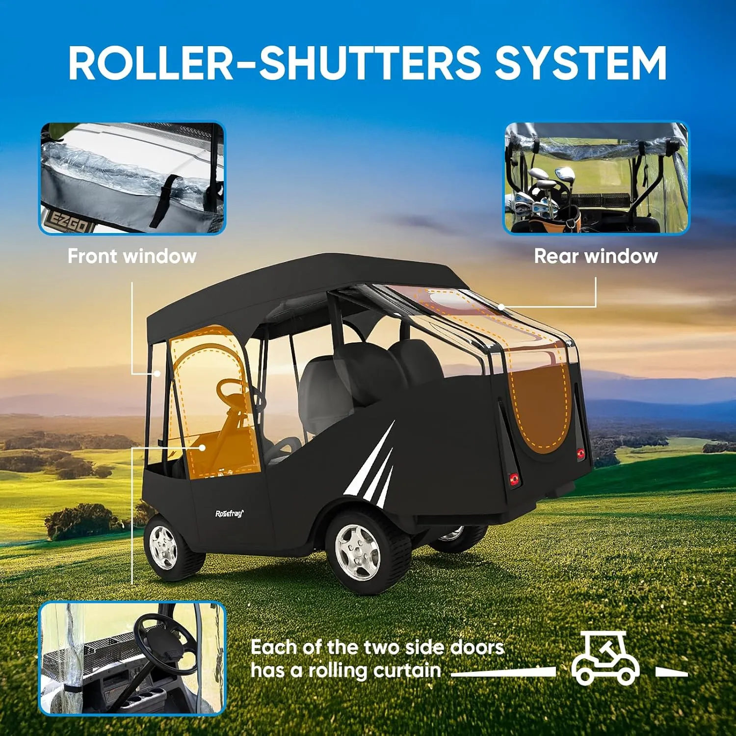 Rosefray Golf Cart Enclosure, 2 2 Drivable Rain Cover, Short Roof 58" - EZGO, Club Car - Durable Door Zipper - 4 Seater Golf Cart Cover Glowing at Night