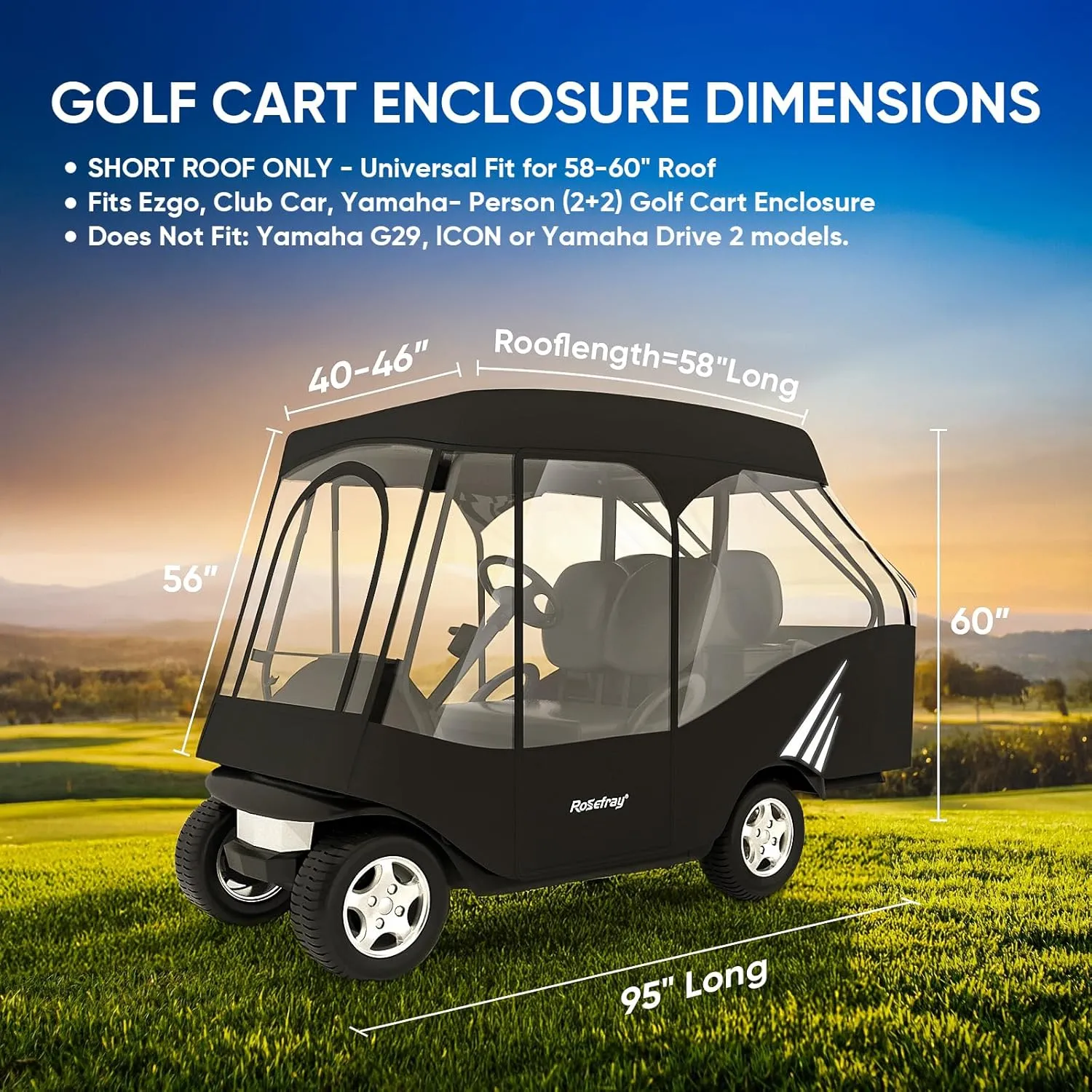 Rosefray Golf Cart Enclosure, 2 2 Drivable Rain Cover, Short Roof 58" - EZGO, Club Car - Durable Door Zipper - 4 Seater Golf Cart Cover Glowing at Night