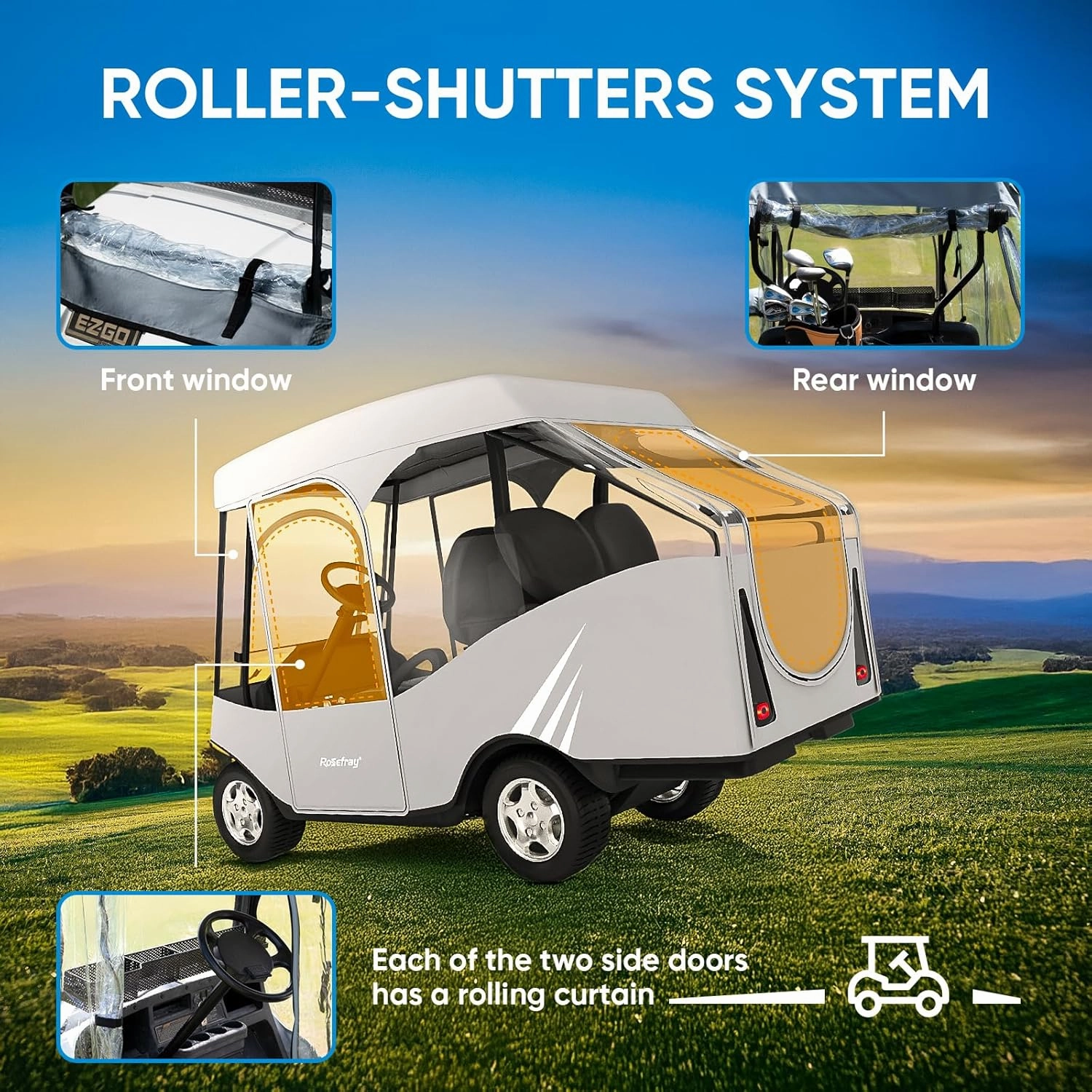 Rosefray Golf Cart Enclosure, 2 2 Drivable Rain Cover, Short Roof 58" - EZGO, Club Car - Durable Door Zipper - 4 Seater Golf Cart Cover Glowing at Night