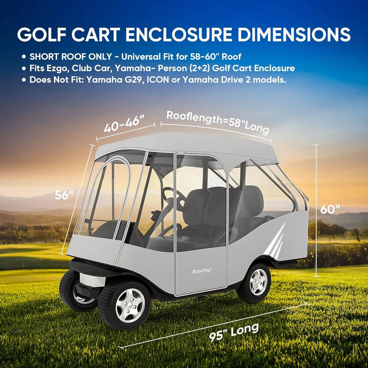 Rosefray Golf Cart Enclosure, 2 2 Drivable Rain Cover, Short Roof 58" - EZGO, Club Car - Durable Door Zipper - 4 Seater Golf Cart Cover Glowing at Night