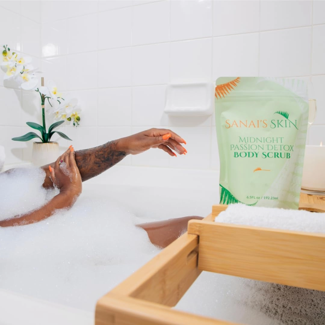 Sanai's Skin Midnight Passion Detox Body Scrub | Vegan & Cruelty-Free Exfoliator | Shea Butter & Black Lava Sea Salt for Soft Smooth Moisturized Skin