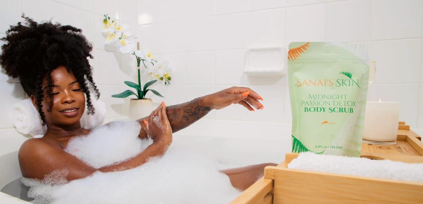 Sanai's Skin Midnight Passion Detox Body Scrub | Vegan & Cruelty-Free Exfoliator | Shea Butter & Black Lava Sea Salt for Soft Smooth Moisturized Skin