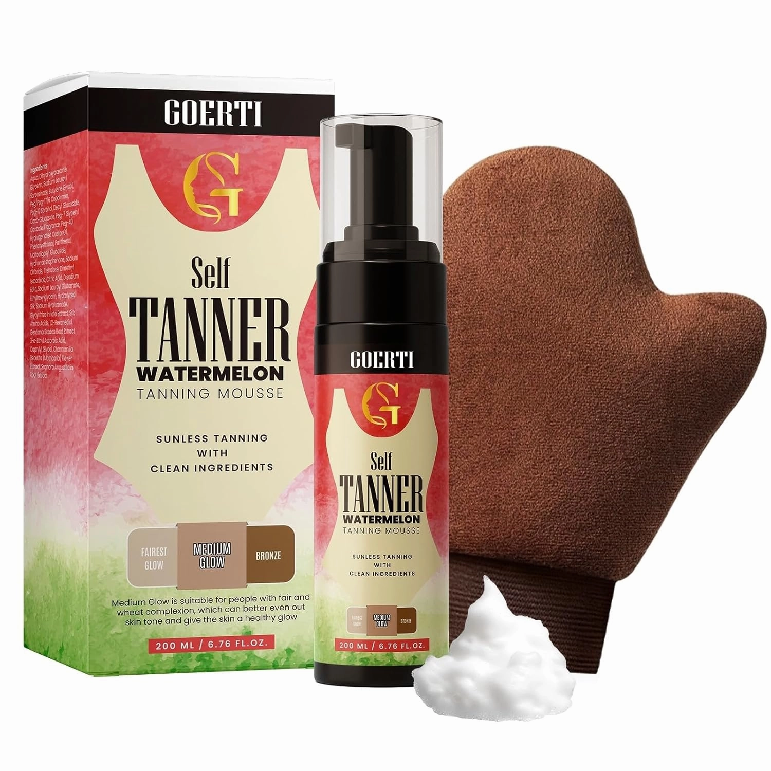 Self Tanner Mousse Kit - Medium Glow Self Tanner Foam | Flawless & Streak-Free Sunless Tanner Self Tan Lotion for Face & Body Fake Tan,Watermelon Scent Body Self Tanner Mousse With Mitt