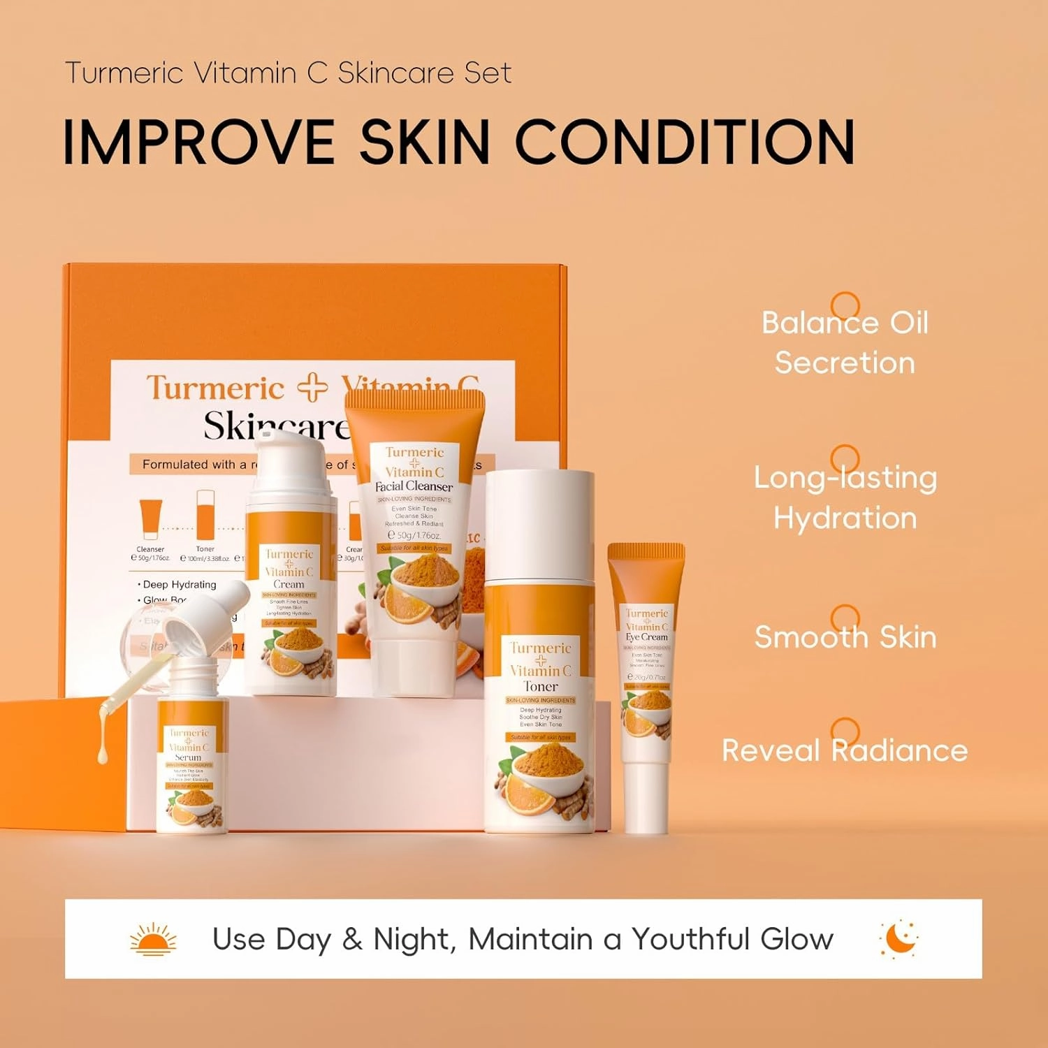 Skin Care Set, Turmeric Skincare Set for Acne Treament, Facial Turmeric Skin Care Sets & Kits for Teenage Girls with Turmeric Cleanser,Serum,Cream,Toner,Eye Cream, Facial Beauty Skincare Gifts