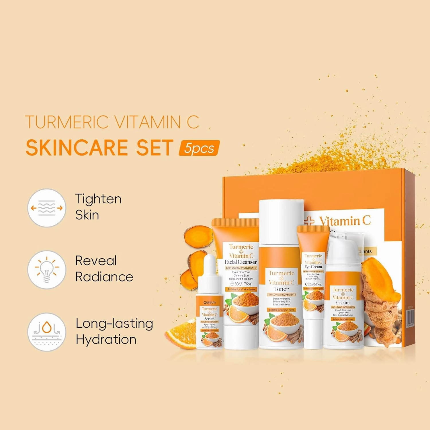 Skin Care Set, Turmeric Skincare Set for Acne Treament, Facial Turmeric Skin Care Sets & Kits for Teenage Girls with Turmeric Cleanser,Serum,Cream,Toner,Eye Cream, Facial Beauty Skincare Gifts
