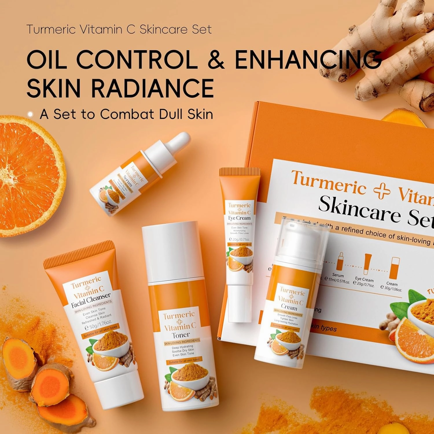 Skin Care Set, Turmeric Skincare Set for Acne Treament, Facial Turmeric Skin Care Sets & Kits for Teenage Girls with Turmeric Cleanser,Serum,Cream,Toner,Eye Cream, Facial Beauty Skincare Gifts