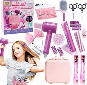 SMILESSKIDDO 20pcs Hair Salon Playset for Girls with Light-Up Clips, Pretend Hair Styling Kit & Detachable Pink Suitcase | Safe Toddler Hair Salon Toys