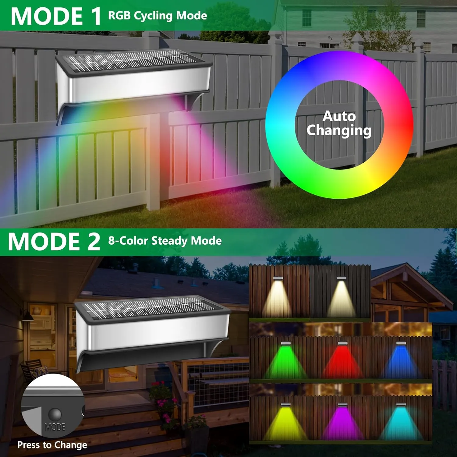Solar Fence Lights Outdoor 8 Pack, LED Step Lights with 9 Lighting Options, Stainless Steel & IP65 Waterproof, Dusk to Dawn, Solar-Powered Wall Lamps for Outside, Deck, Steps, Patio, Backyard Decor
