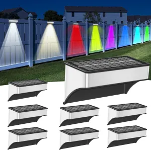Solar Fence Lights Outdoor 8 Pack, LED Step Lights with 9 Lighting Options, Stainless Steel & IP65 Waterproof, Dusk to Dawn, Solar-Powered Wall Lamps for Outside, Deck, Steps, Patio, Backyard Decor