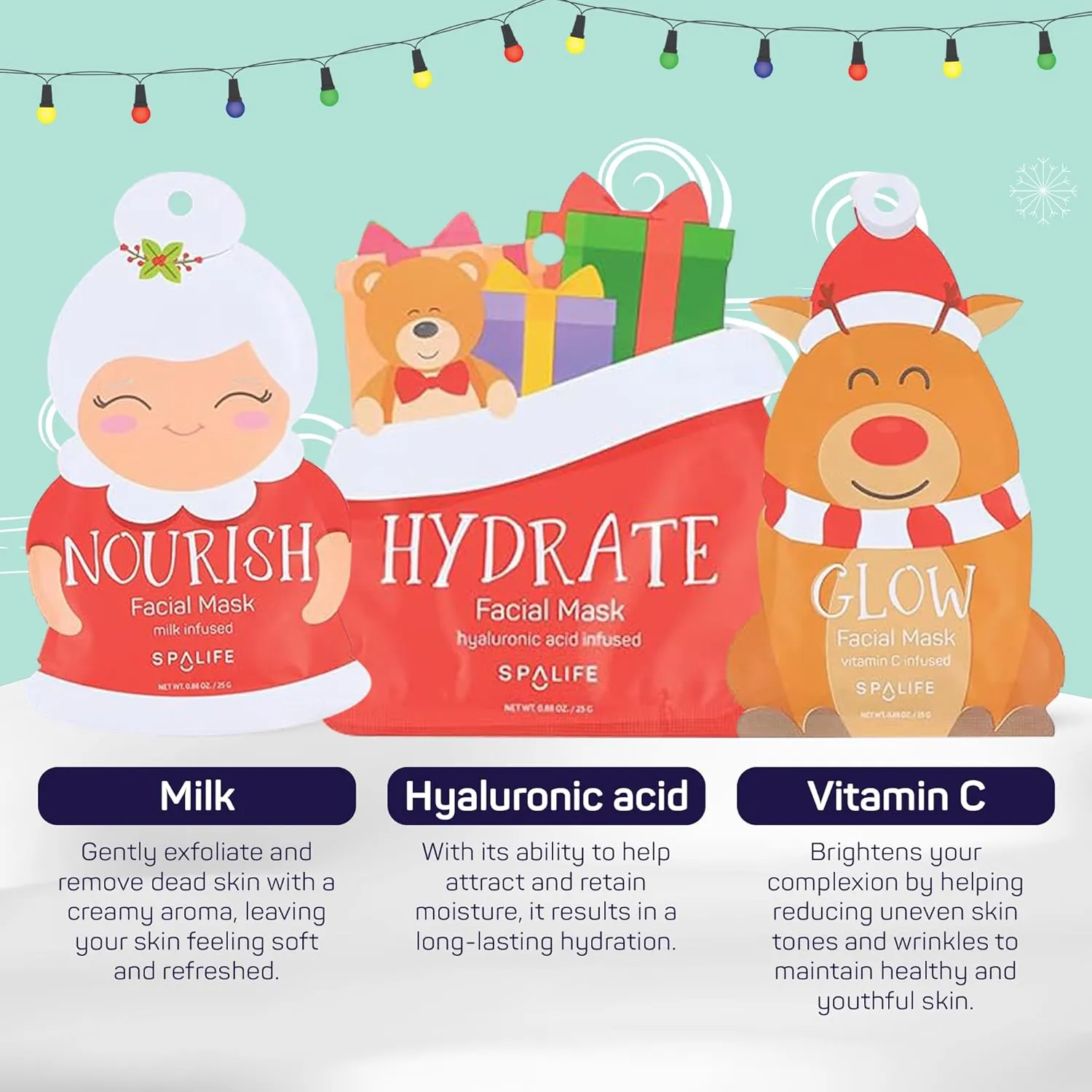 SpaLife Santa's Squad Hydrating Facial Masks - 12 Pack for Moisturizing and Soothing Beauty - Skincare Set for Radiant Skin