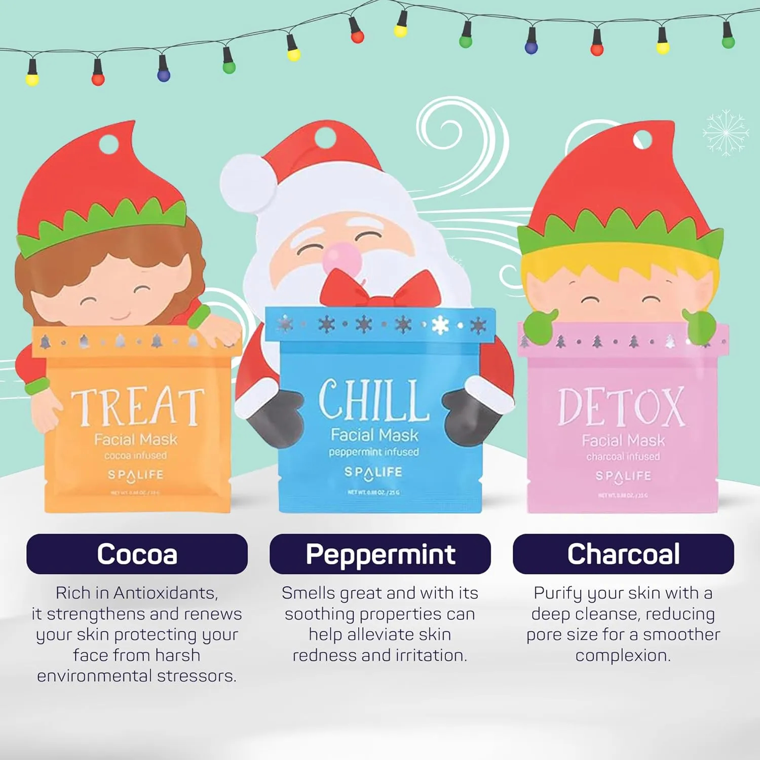 SpaLife Santa's Squad Hydrating Facial Masks - 12 Pack for Moisturizing and Soothing Beauty - Skincare Set for Radiant Skin