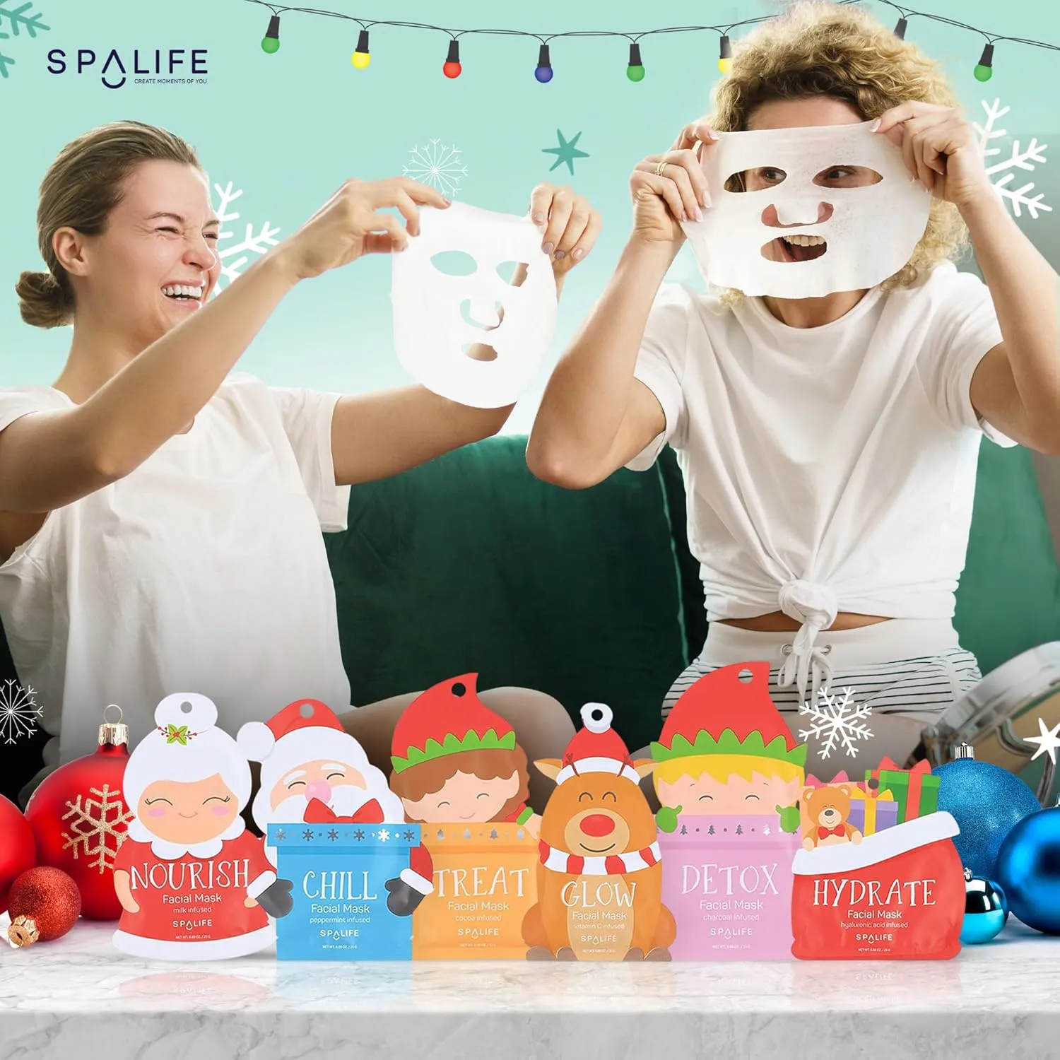 SpaLife Santa's Squad Hydrating Facial Masks - 12 Pack for Moisturizing and Soothing Beauty - Skincare Set for Radiant Skin