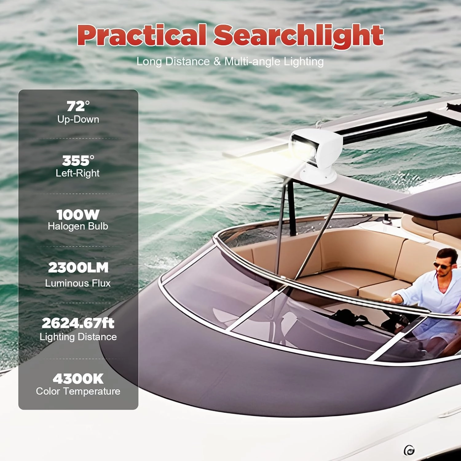 Spotlight Marine Spot Light Boat Searchlight w/Remote Control, 12V 100W Waterproof Spotlight 355° Rotate Omnibearing Lighting for Boat Truck Car Marine, 72°- Up/Down (White)