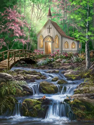 Springbok Peaceful Prayer 500 Piece Jigsaw Puzzle for Adults - A Tranquil Church in The Woods - Soothing Puzzle - Unique Cut Pieces