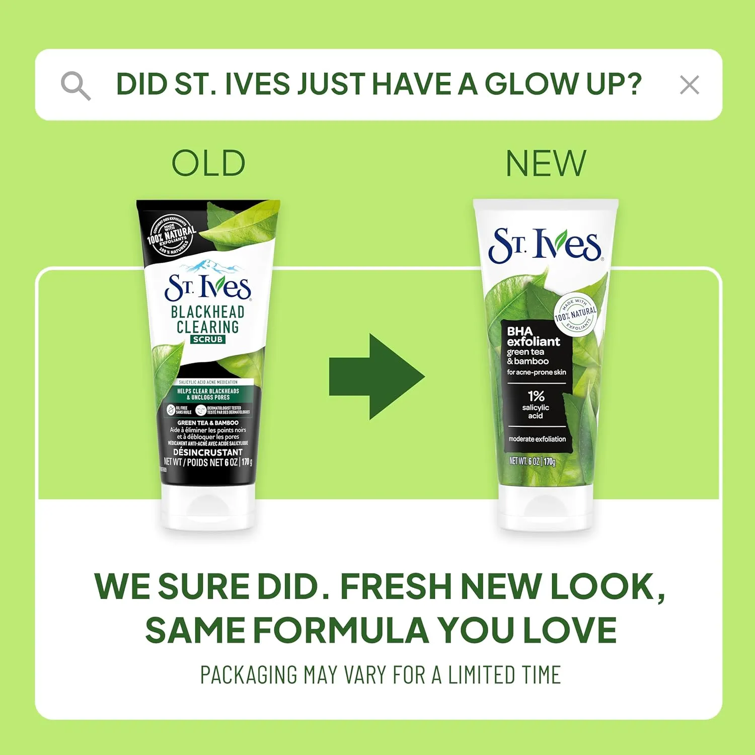 St. Ives Blackhead Clearing Face Scrub, Clears Blackheads & Unclogs Pores, Green Tea & Bamboo, Salicylic Acid Acne Treatment Facial Scrub, Moderate Exfoliator with Natural Exfoliants 6 oz, 6 Pack