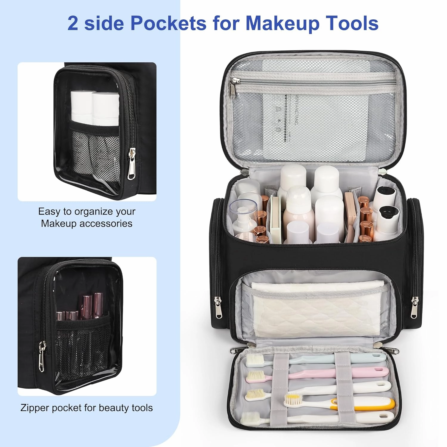 Travel Toiletry Bag for Women, Portable Large Travel Bag for Toiletries, Lightweight Cosmetic Makeup Bag Organizer for Accessories,Essentials, Toiletries, Black