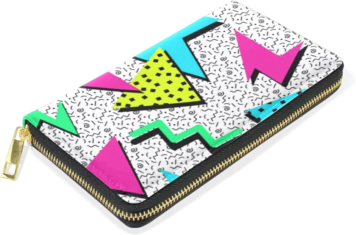Trendy Memphis Polygonal Elements Seamless Colorful Geometric Leather Long Wallet Organizer with Zipper Purse Clutch Bag for Women Men