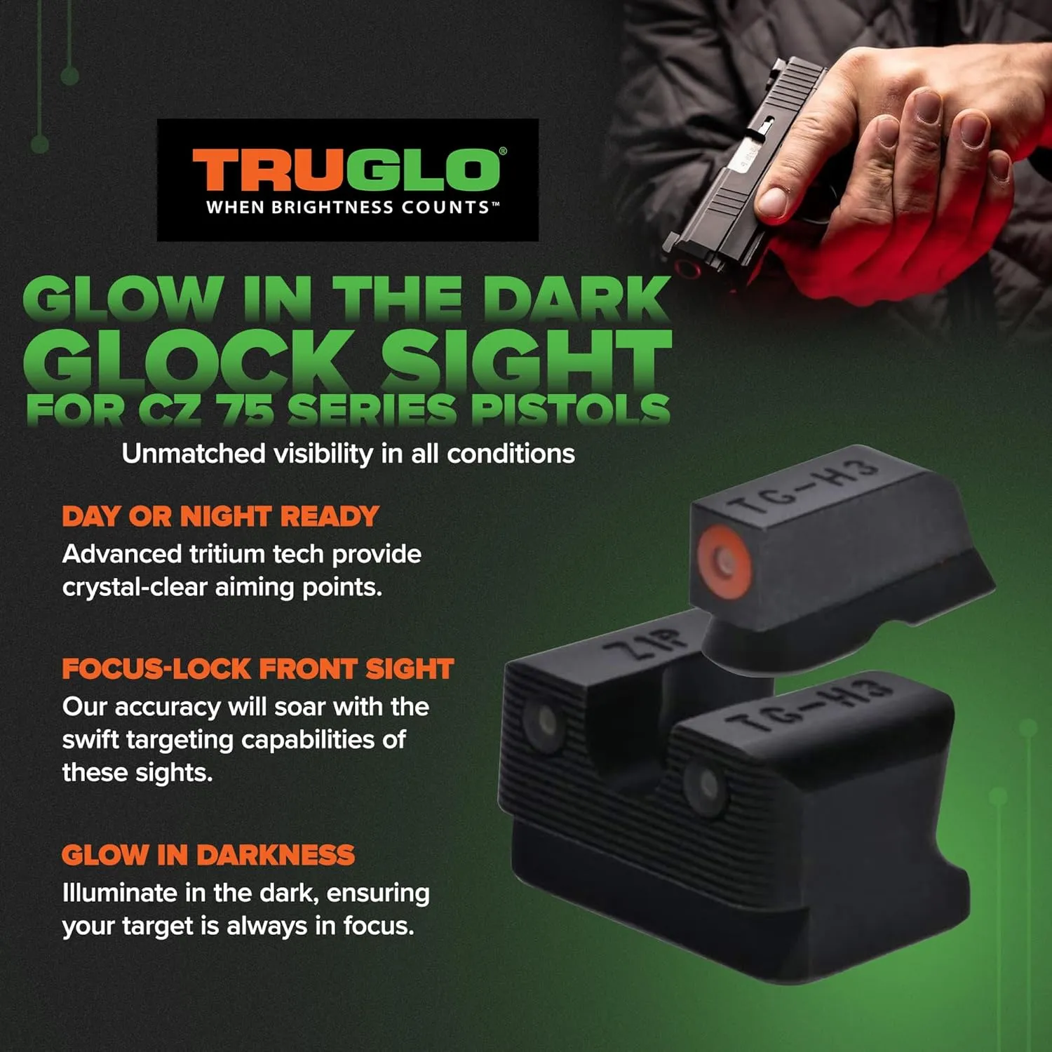 TRUGLO Tritium Pro Handgun Night Sights, Compatible with CZ Handguns Compact Gun Sights with Daylight White Dots, Night Tritium Dots & Focus Lock Front Ring