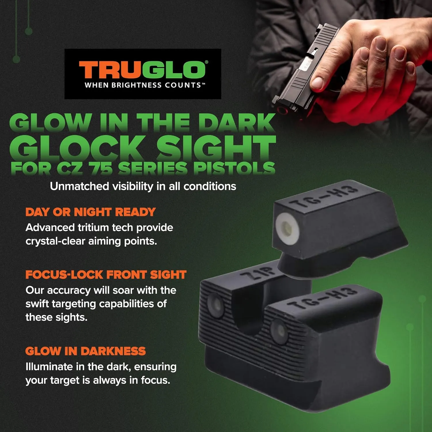TRUGLO Tritium Pro Handgun Night Sights, Compatible with CZ Handguns Compact Gun Sights with Daylight White Dots, Night Tritium Dots & Focus Lock Front Ring