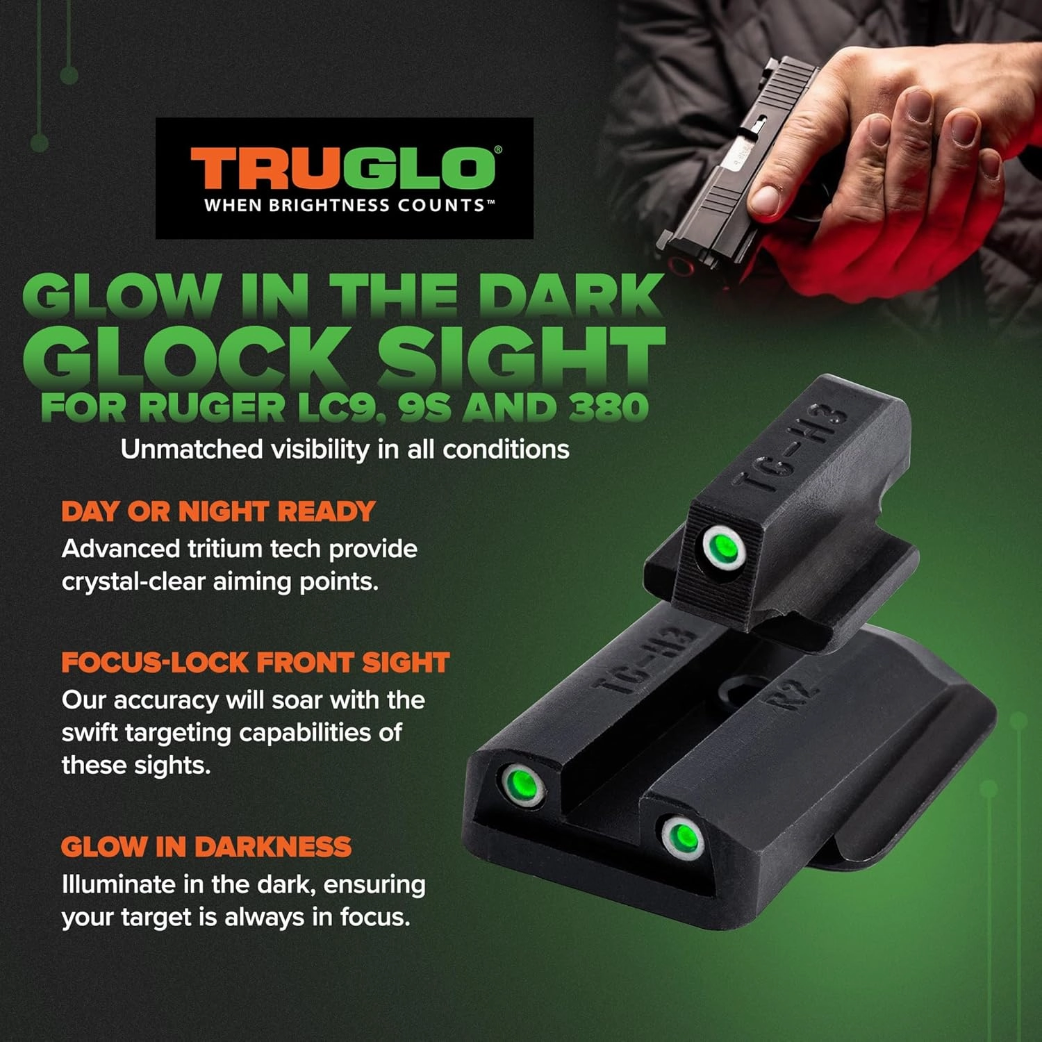 TRUGLO Tritium Handgun Sight High-Visible Night Sight with Daylight White Dot & Low-Light Tritium Glowing Green Dot, Compatible with Ruger Handguns