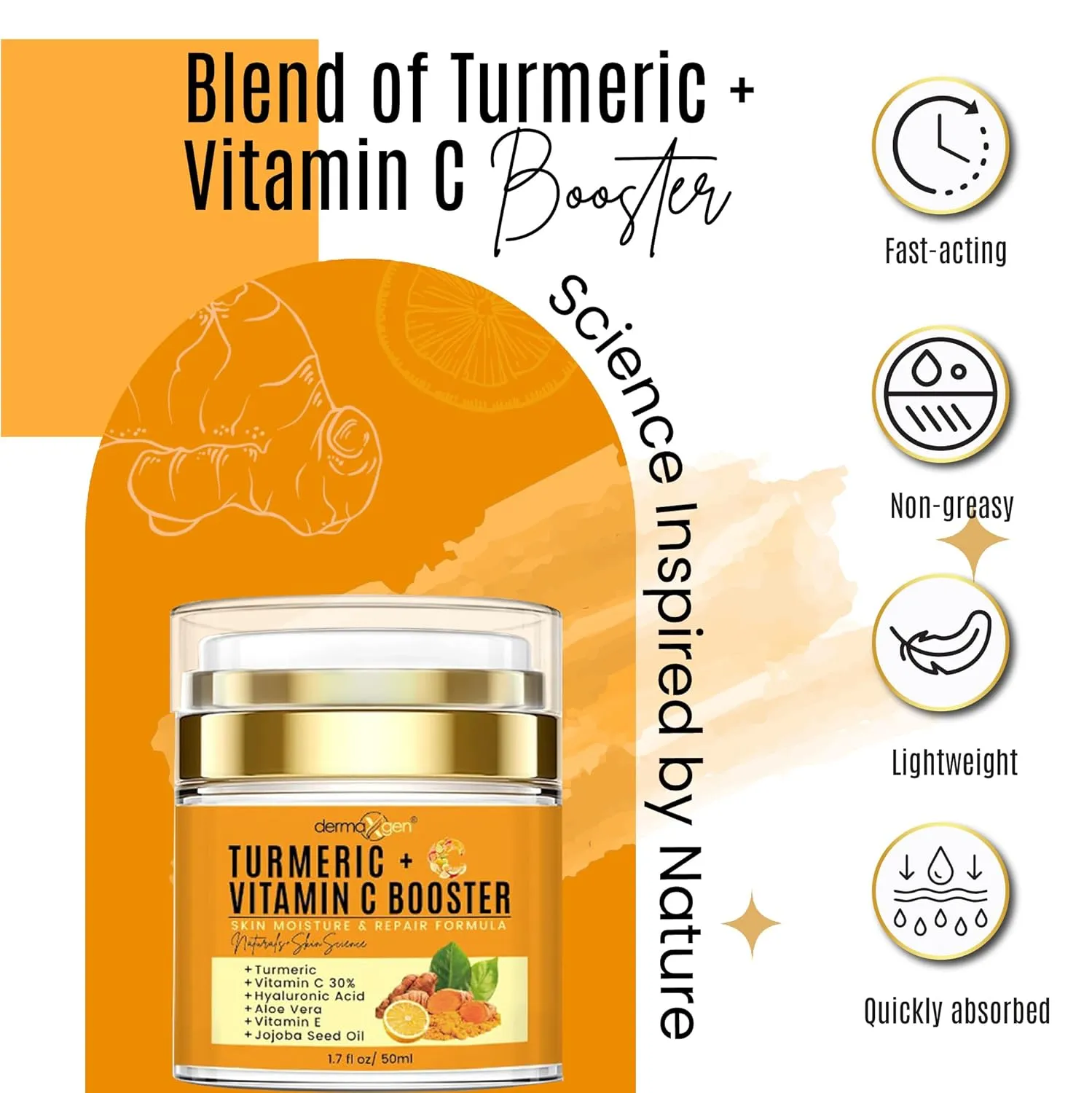 Turmeric Face Cream with 30% Vitamin C – Glow Booster, Anti-Aging & Skin Repair Moisturizer for Dark Spots, Hydration & Radiance – Vitamin C Cream for All Skin Types (1.7 fl oz)