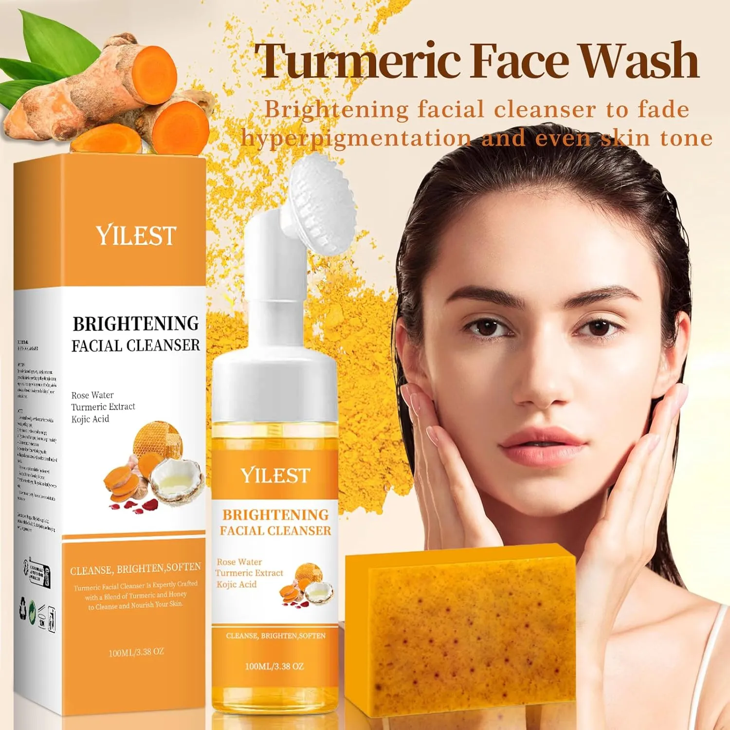 Turmeric Wash and Care two Piece Set，Turmeric Facial Cleanser,Turmeri Face Wash & Soap,Deep cleansing of facial skin,Foaming Cleanser for All Skin Types (1, 1 Soaps)