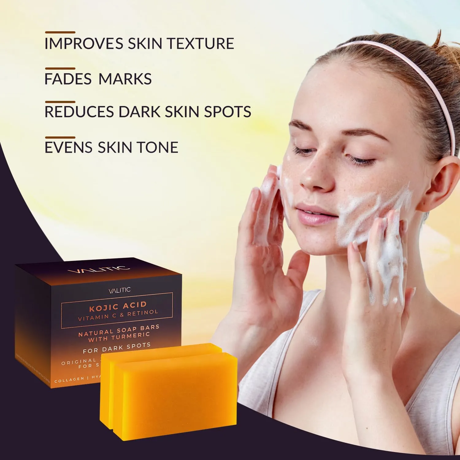 VALITIC Kojic Acid Vitamin C and Retinol Soap Bars with Turmeric for Dark Spot - Original Japanese Complex Infused with Collagen, Hyaluronic Acid, and Vitamin E (2 Pack)