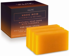 VALITIC Kojic Acid Vitamin C and Retinol Soap Bars with Turmeric for Dark Spot - Original Japanese Complex Infused with Collagen, Hyaluronic Acid, and Vitamin E (3 Pack)