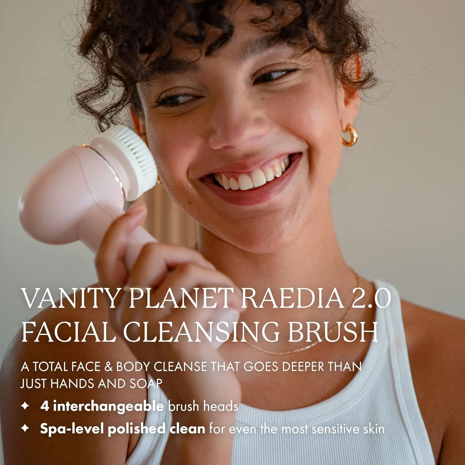 Vanity Planet Raedia 2.0 Facial Cleansing Brush, 4 Interchangeable Brush Heads, Pink - Daily Cleansing Face Exfoliator for Glowing & Acne Prone Skin - Lightweight Silicone Water-Resistant Body Brush