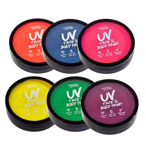 Water Activated UV Black Light Face and Body Paint - 6 Color Pack - Costume, Halloween, Club, and Rave Makeup - Safe for all Skin Types - Easy On and Off - 18g Cakes - by Splashes & Spills