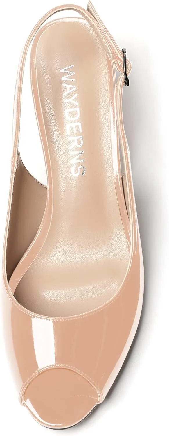 WAYDERNS Women's Peep Toe Patent Slingback Ankle Strap Kitten Low Heel Pumps Ladies Cute Dress Shoes 2 Inch