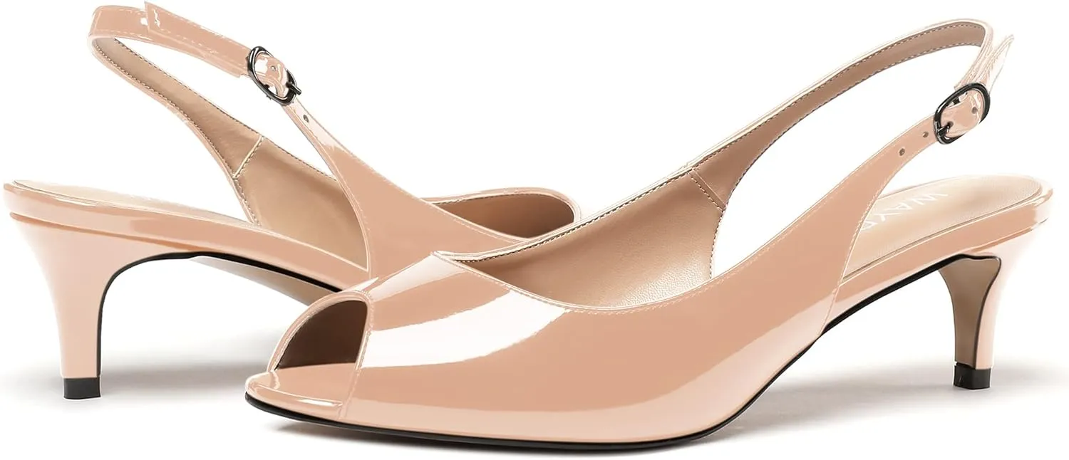 WAYDERNS Women's Peep Toe Patent Slingback Ankle Strap Kitten Low Heel Pumps Ladies Cute Dress Shoes 2 Inch