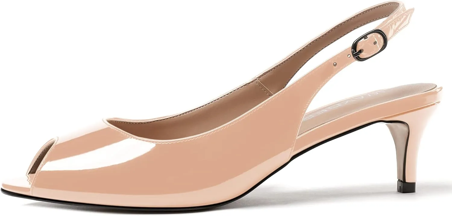 WAYDERNS Women's Peep Toe Patent Slingback Ankle Strap Kitten Low Heel Pumps Ladies Cute Dress Shoes 2 Inch
