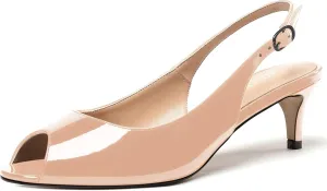 WAYDERNS Women's Peep Toe Patent Slingback Ankle Strap Kitten Low Heel Pumps Ladies Cute Dress Shoes 2 Inch