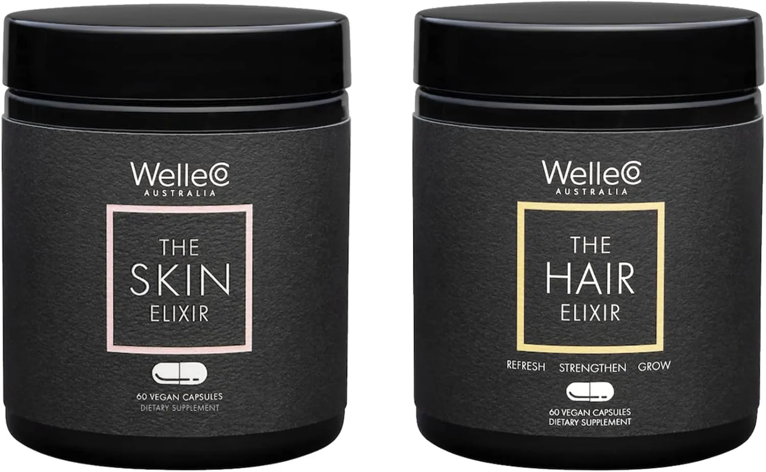 WelleCo, The Skin Elixir   The Hair Elixir, Vegan Beauty Supplements Bundle, Promotes Hair Growth & Reduces Breakage, Supports Healthy Skin & Collagen Formation, 60 Capsules Each