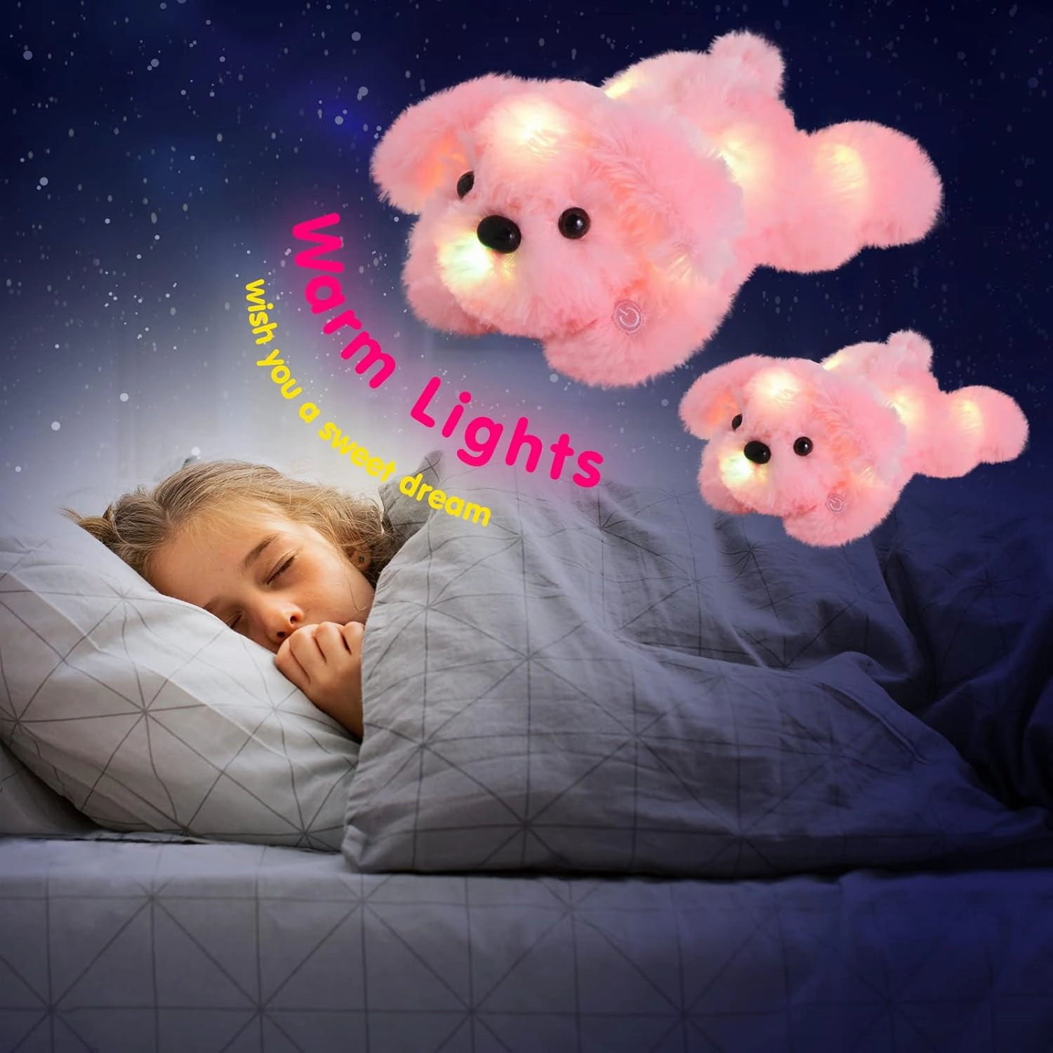 WEWILL 10'' Light up Pink Puppy Dog LED Stuffed Animal with Colorful Night Light Glow Soft Plush Toy Gifts for Kids on Christmas Birthday