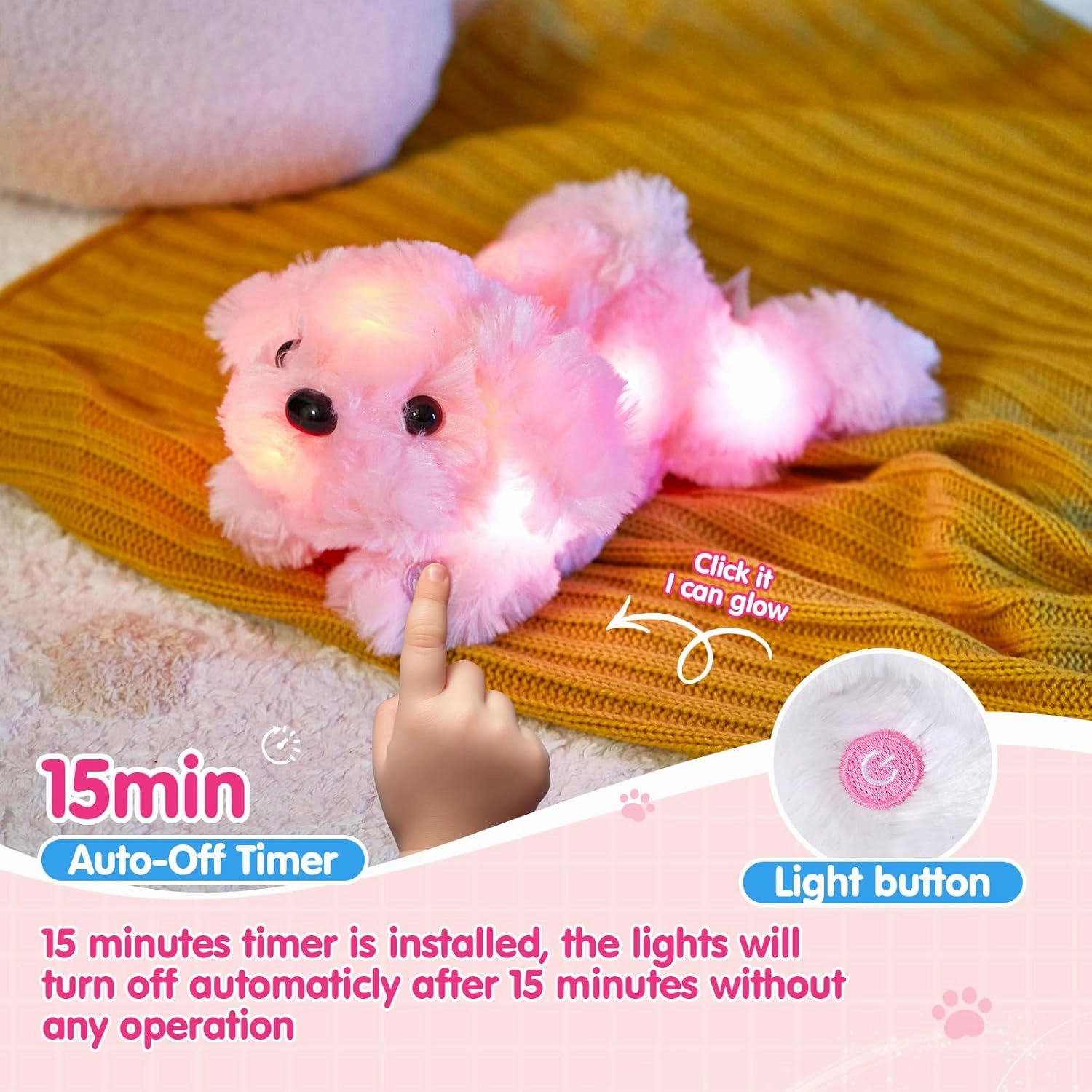 WEWILL 10'' Light up Pink Puppy Dog LED Stuffed Animal with Colorful Night Light Glow Soft Plush Toy Gifts for Kids on Christmas Birthday
