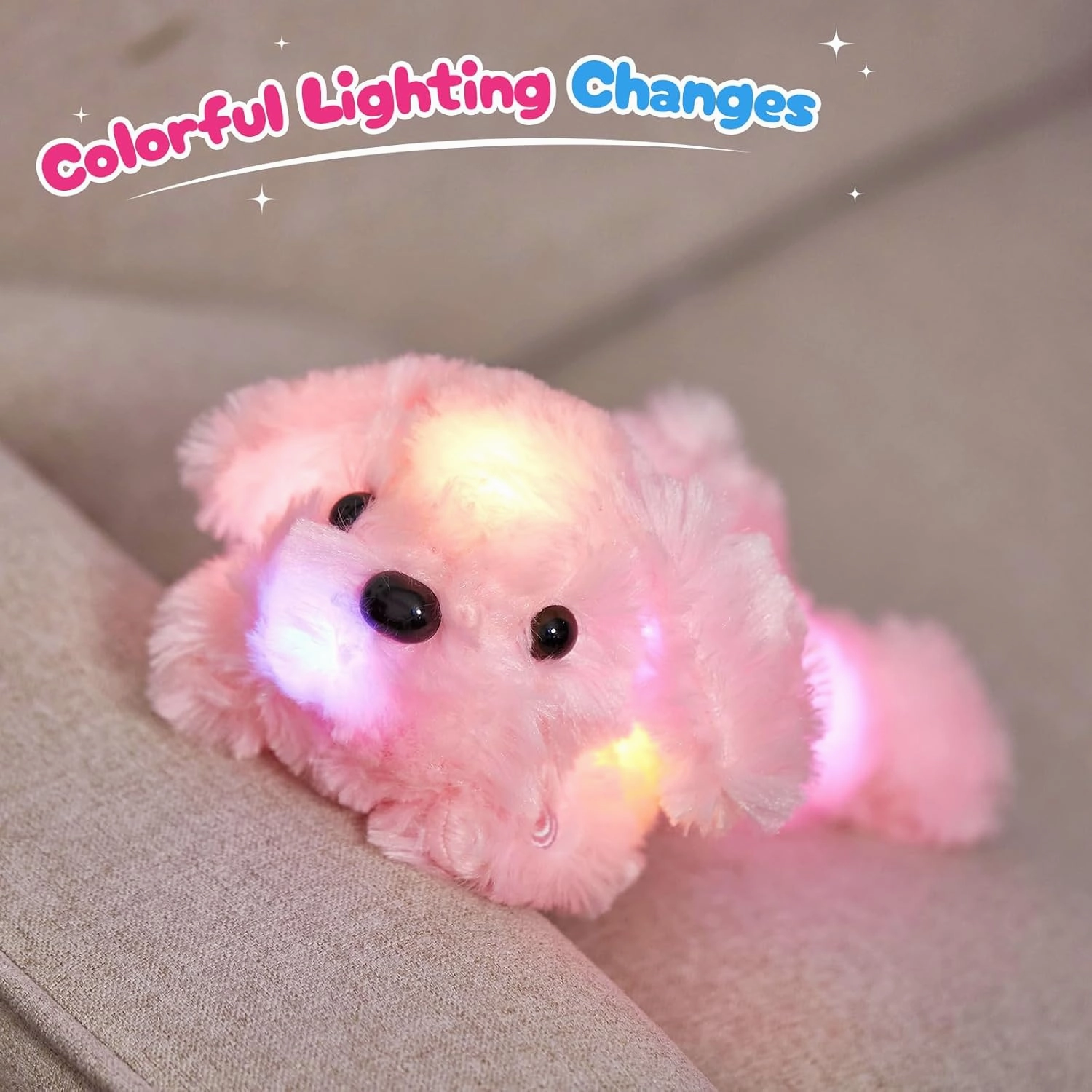 WEWILL 10'' Light up Pink Puppy Dog LED Stuffed Animal with Colorful Night Light Glow Soft Plush Toy Gifts for Kids on Christmas Birthday