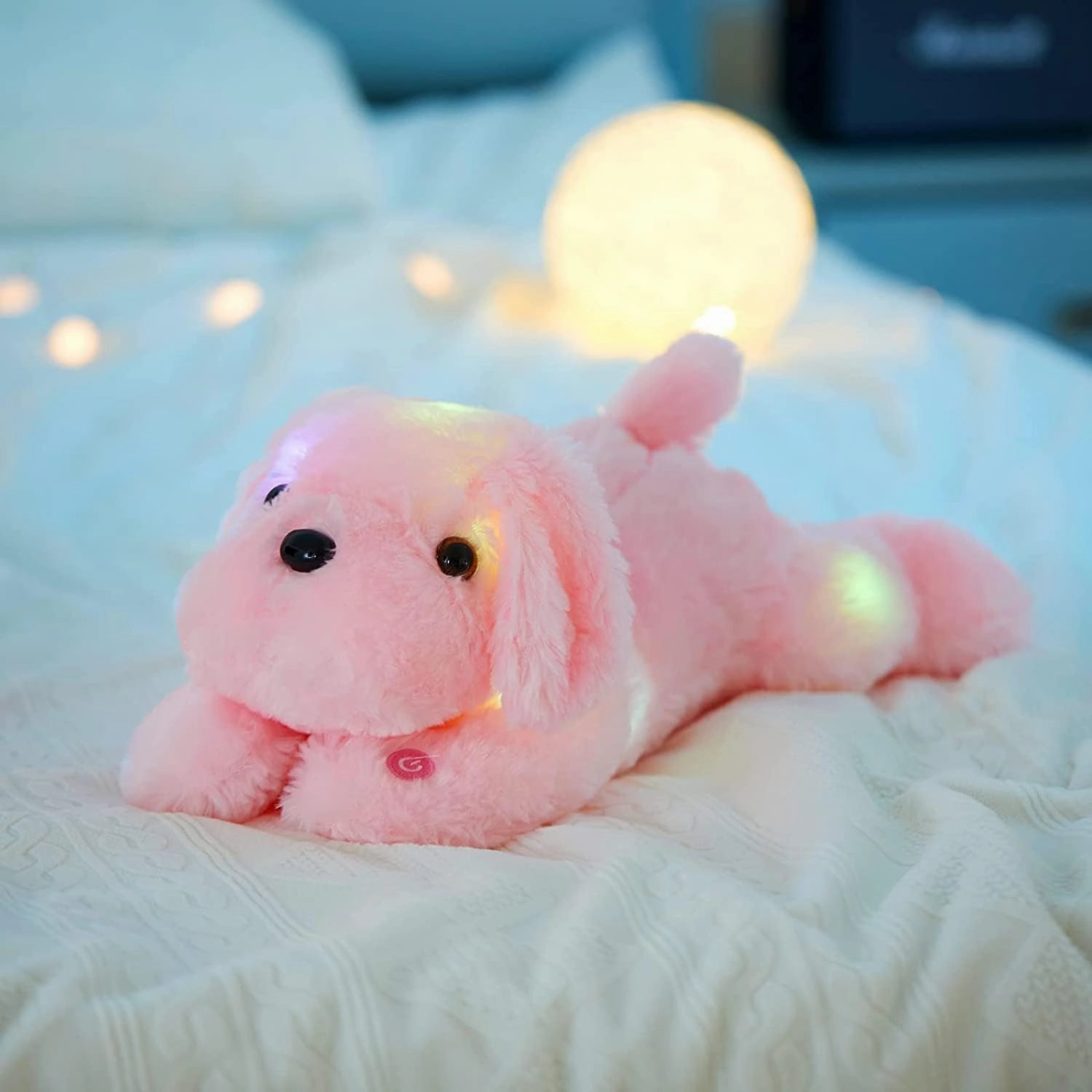 WEWILL 10'' Light up Pink Puppy Dog LED Stuffed Animal with Colorful Night Light Glow Soft Plush Toy Gifts for Kids on Christmas Birthday