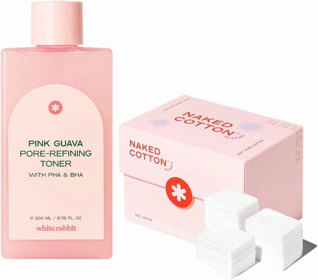 White Rabbit Pink Guava Pore-Refining Toner with PHA & BHA   Premium Naked Cotton Cotton Pads Classic (100 pcs)