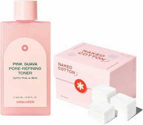 White Rabbit Pink Guava Pore-Refining Toner with PHA & BHA   Premium Naked Cotton Cotton Pads Classic (100 pcs)
