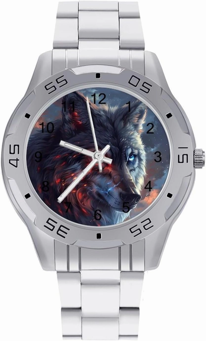 Wolf with Glowing Eyes Fantasy Animal Simple Stainless Steel Band Business Watch Dress Wrist Unique Luxury Work Casual Waterproof Watches