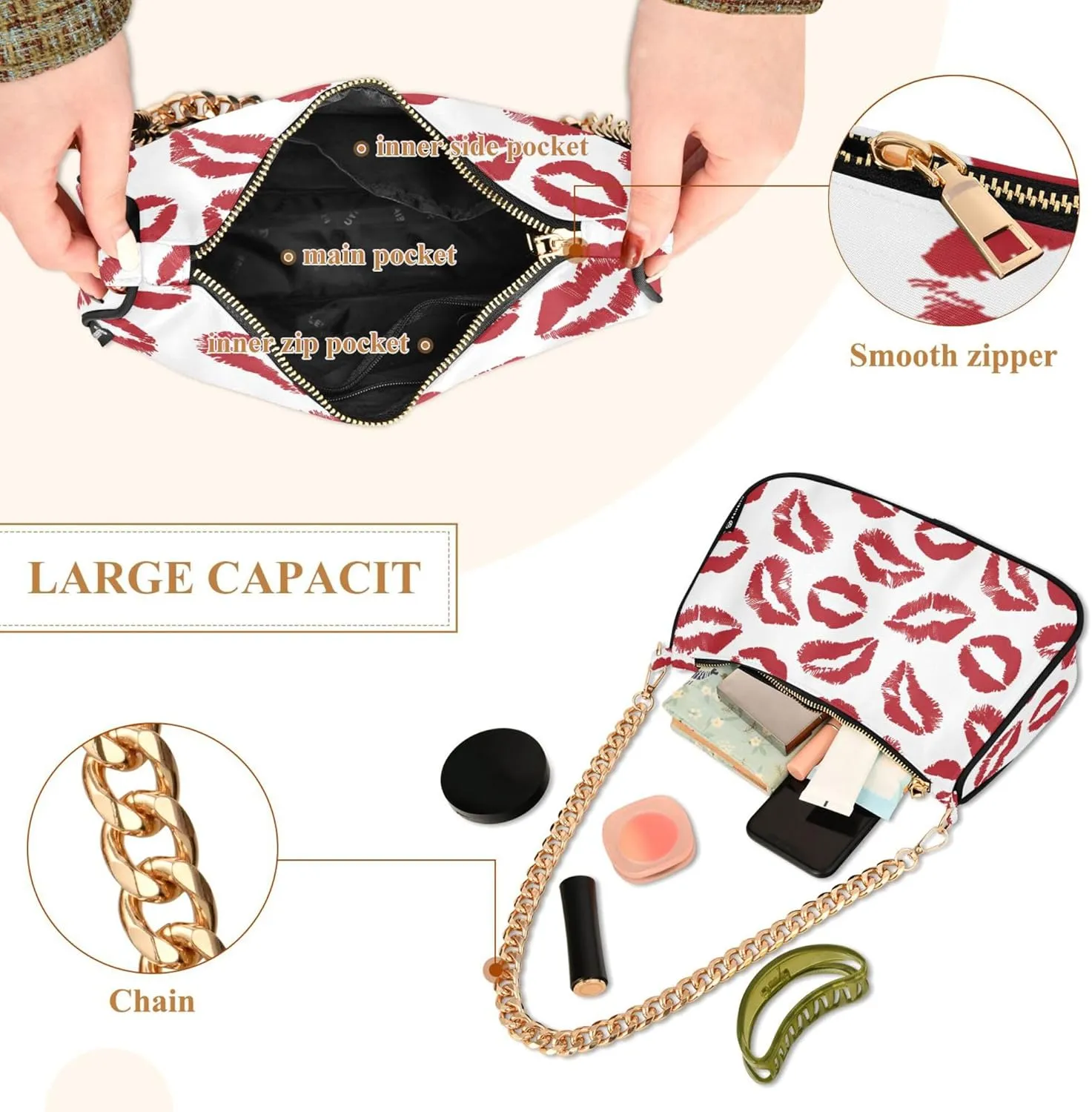 Women's Handbags Tote Crossbody Bag Stylish Purse Ladies Shoulder Bag Handbag Red Lipstick Kiss Crescent Bag