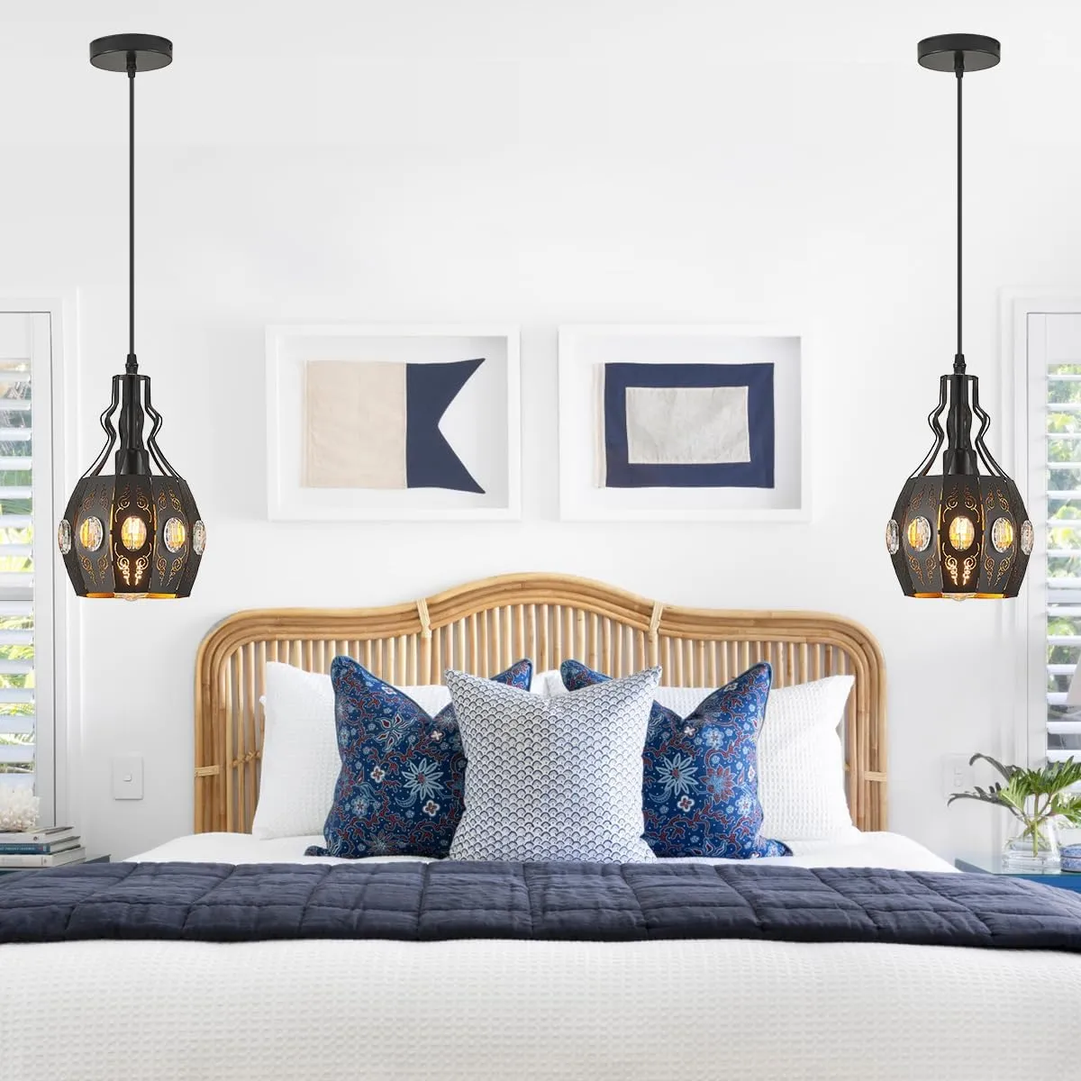 YLONG-ZS Black Pendant Lights Bedroom Restaurant 2 PK, Farmhouse Kitchen Island Pendant Ceiling Light with 6.07 Ft Longth Wire, Hanging Pendant Lighting for Bedroom Dining Room Living Room Entryway